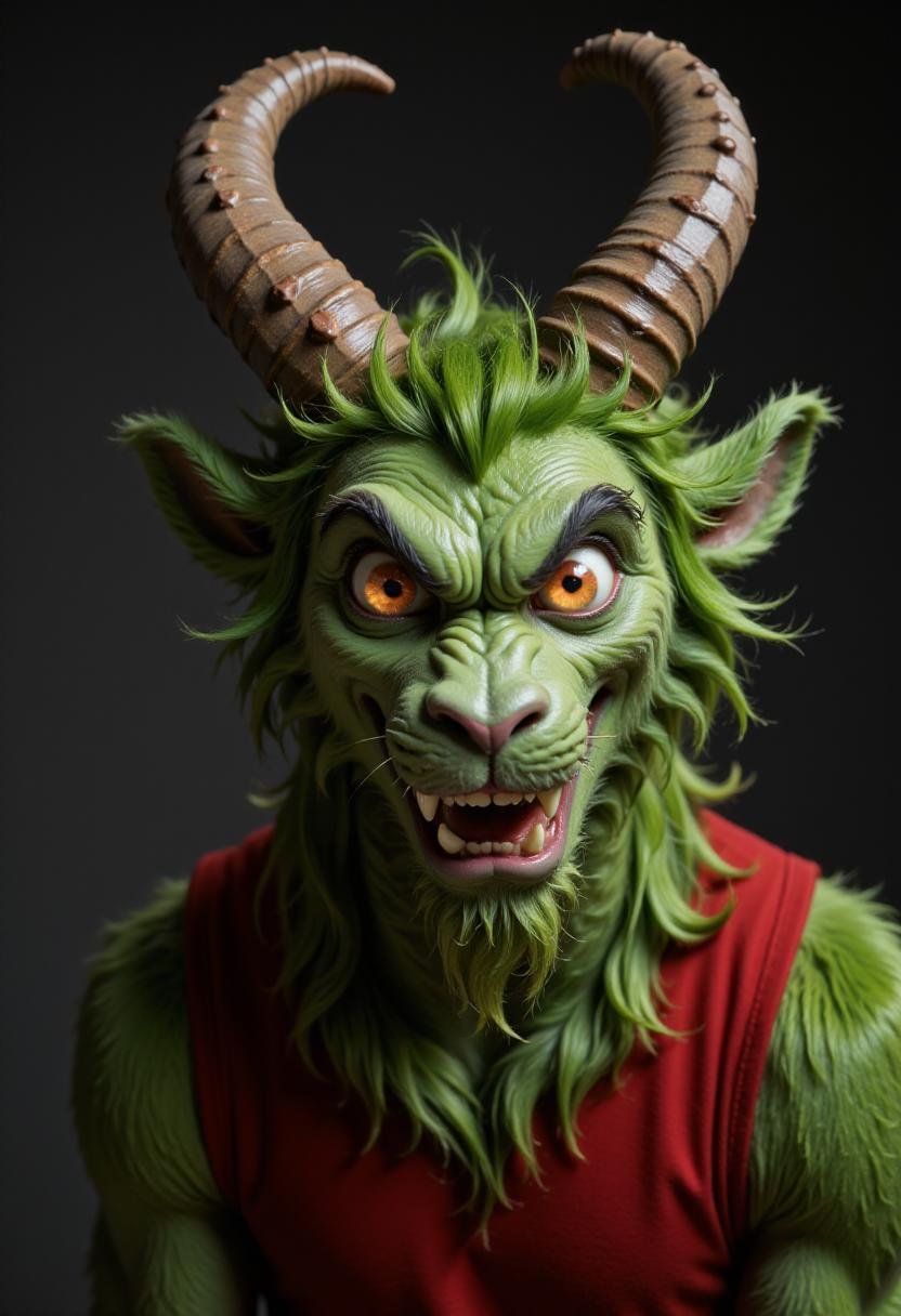 Cartoon face portrait of anthropomorphic gkrampus with green fur like the Grinch,  looking angry by kftiger on Tensor.Art
