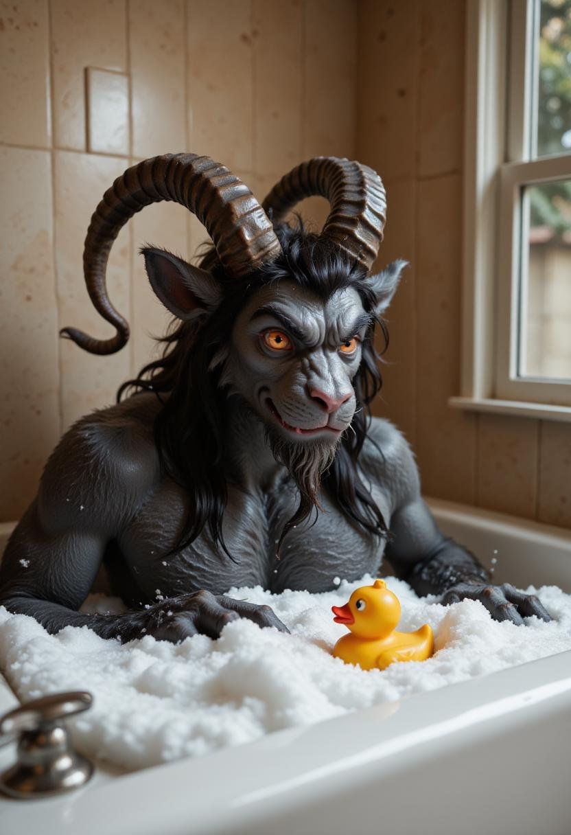 Photo of anthropomorphic gkrampus having a bubble bath in a bath tub. There is a rubber duckie in the tub as well. by kfti...