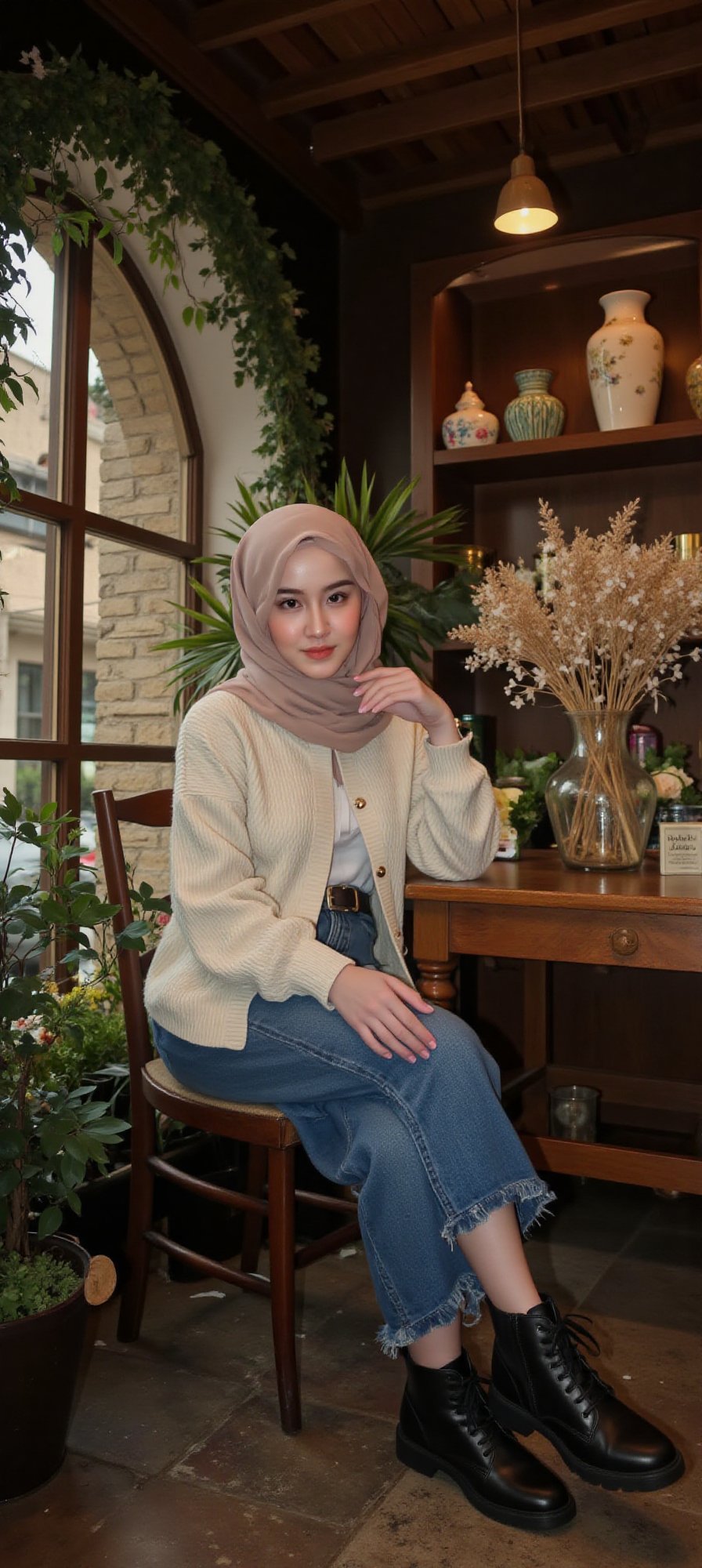 A serene morning moment: A beautiful Chinese moslem woman,  she wearing hijab,  casual clothes and leather boots by el-com...