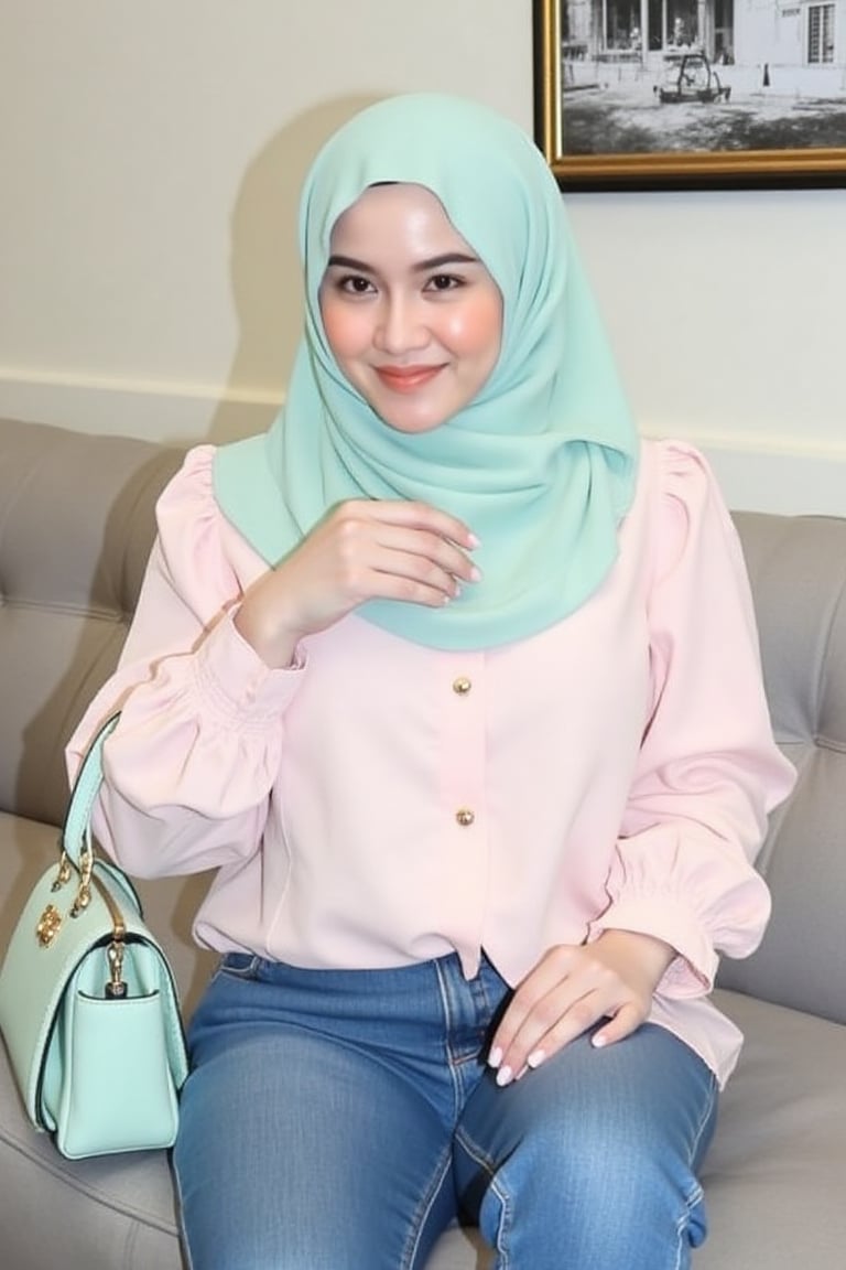 The image shows a person sitting on a light gray sofa. They are wearing a light pink blouse with puffed sleeves and a matc...