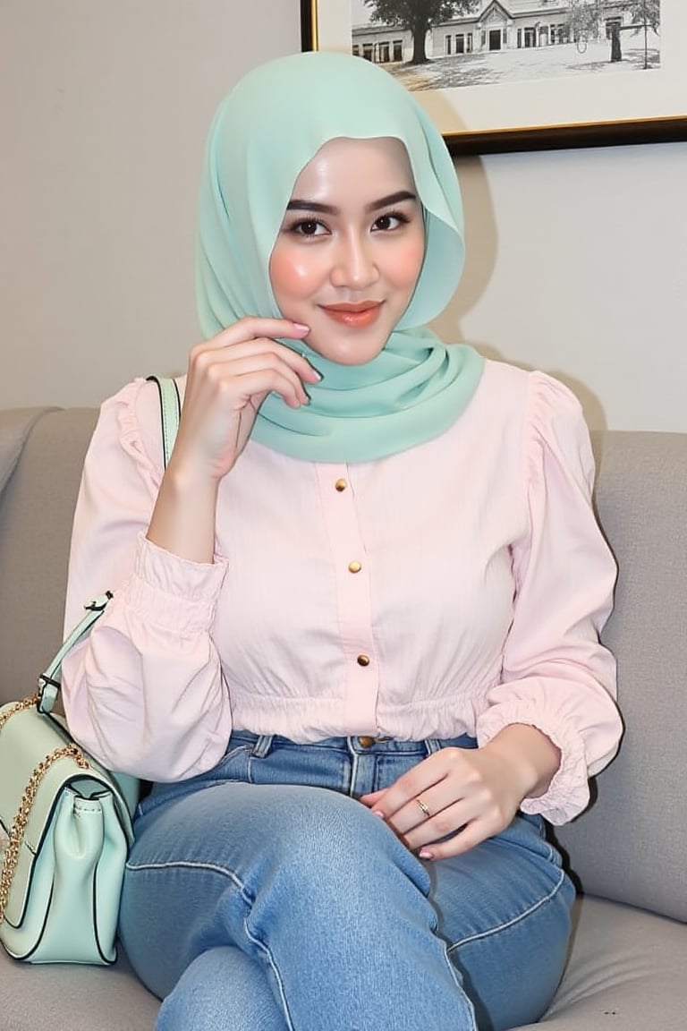 The image shows a person sitting on a light gray sofa. They are wearing a light pink blouse with puffed sleeves and a matc...