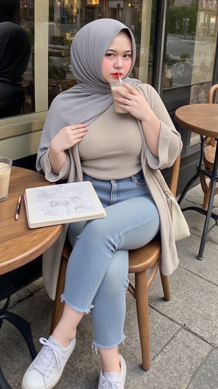 A relaxed woman in a soft gray hijab sits at an outdoor café,  sketching in a notebook. She wears an oversized cardigan ov...