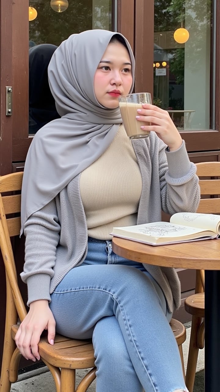A relaxed woman in a soft gray hijab sits at an outdoor café,  sketching in a notebook. She wears an oversized cardigan ov...