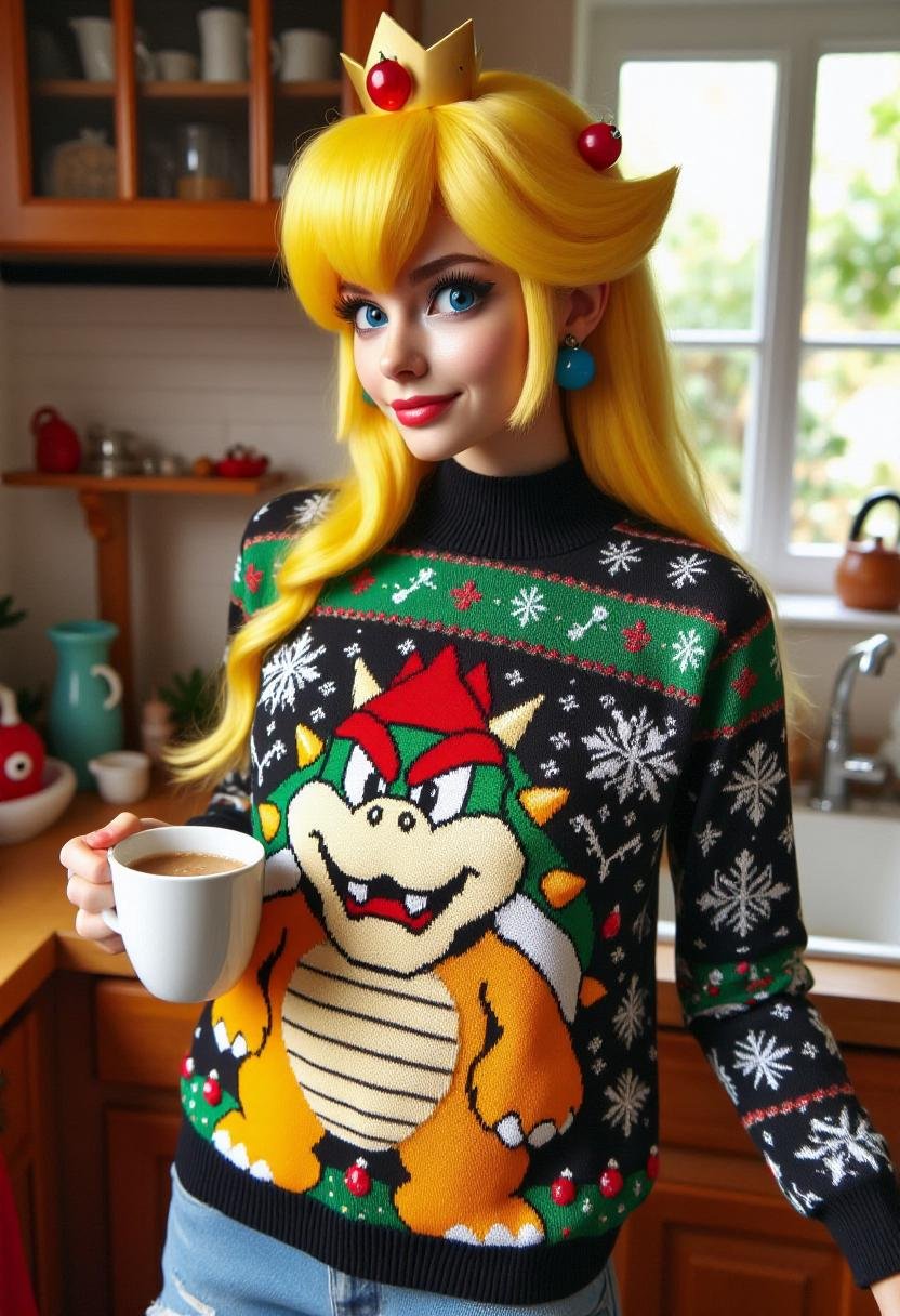 The image is a photograph featuring Princess Peach wearing a festive,  detailed knit sweater featuring the image of Bowser...