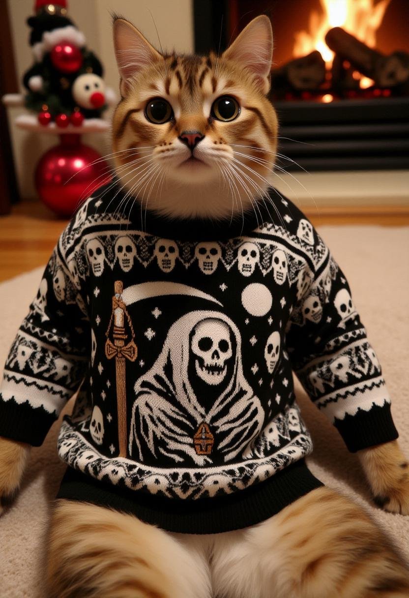 The image is a photograph featuring a cat wearing a festive,  detailed knit sweater featuring the grim reaper. The sweater...
