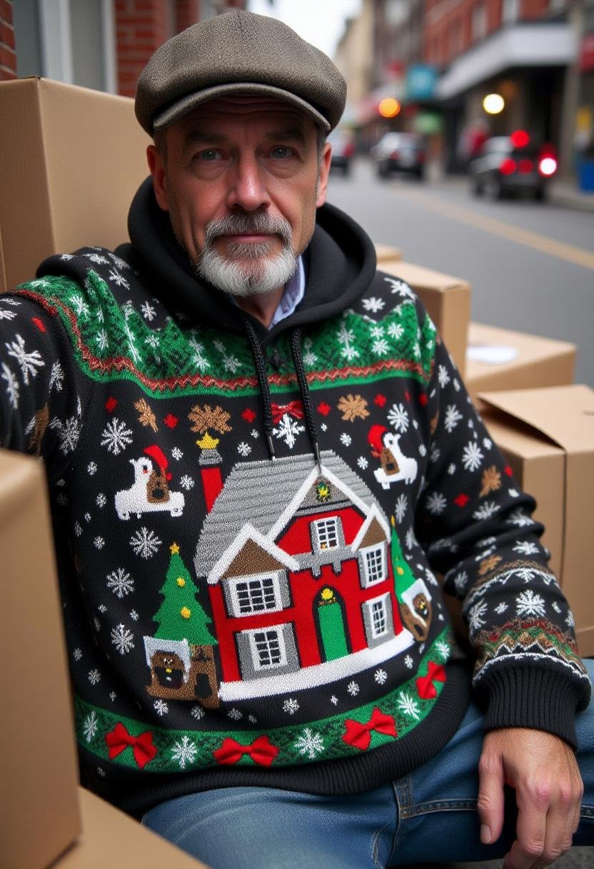 The image is a photograph featuring a homeless dirty unshaven man wearing a festive,  detailed knit sweater featuring the...