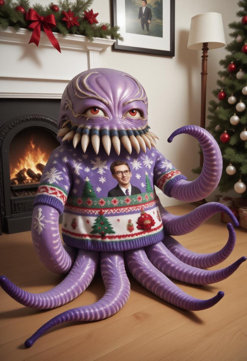 The image is a photograph featuring an 8-tentacled purple octopus wearing a festive,  detailed knit sweater featuring the...