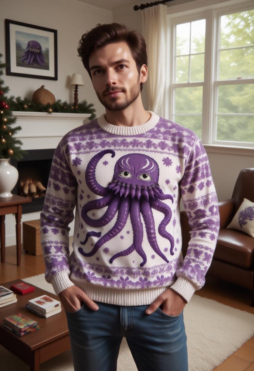 The image is a photograph featuring a person wearing a festive,  detailed knit sweater featuring an 8-tentacled purple oct...