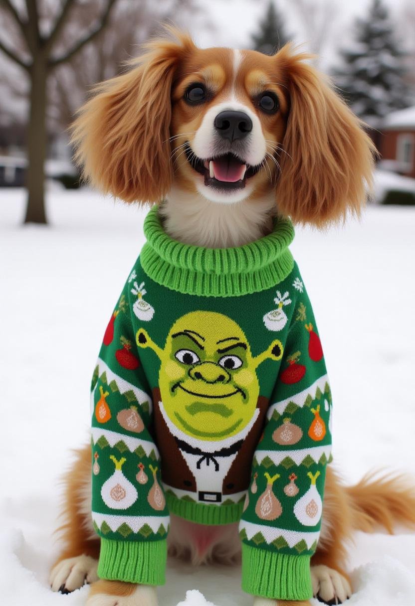 The image is a photograph featuring a dog wearing a festive,  detailed knit sweater featuring Shrek. The sweater is adorne...