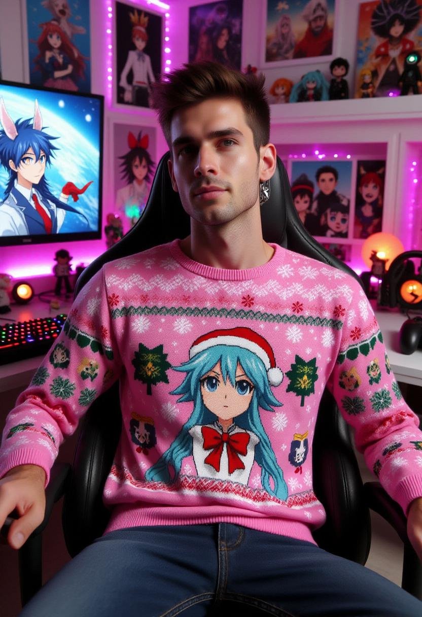 The image is a photograph featuring a nerdy man wearing a festive,  detailed knit sweater featuring the image of an anime...