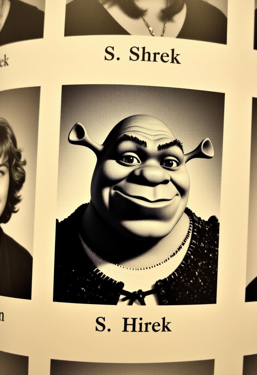 The image is a sepia-toned photograph of a high school yearbook page,  featuring a black and white portrait of Shrek,  ide...