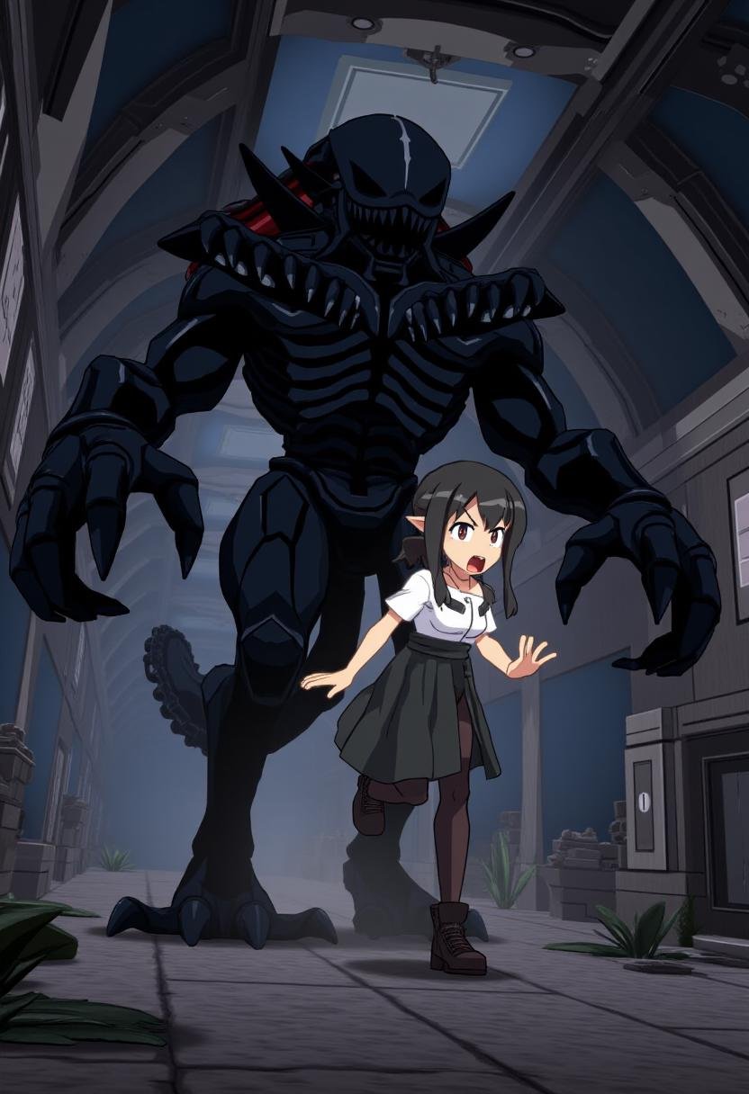 disgaea7style,  black Xenomorph chasing a scared woman through an anime derelict space station. by kftiger on Tensor.Art