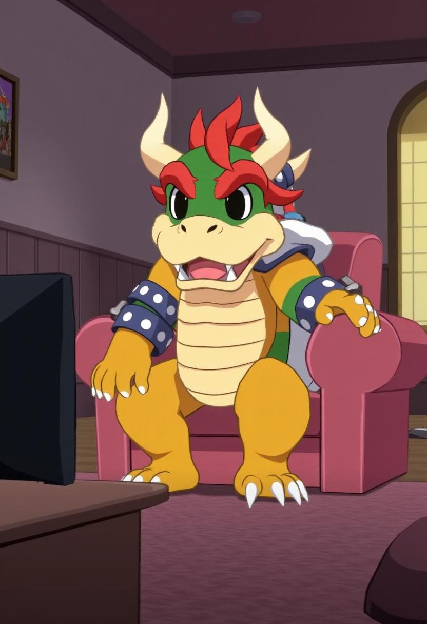 disgaea7style anime,  Bowser sitting on a couch,  watching TV. by kftiger on Tensor.Art