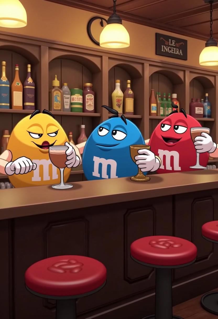 disgaea7style,  anime,  M&M mascots getting drunk at a bar by kftiger on Tensor.Art