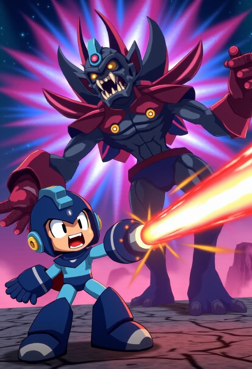 disgaea7style,  Megaman firing his arm laser at a monster. Futuristic background by kftiger on Tensor.Art