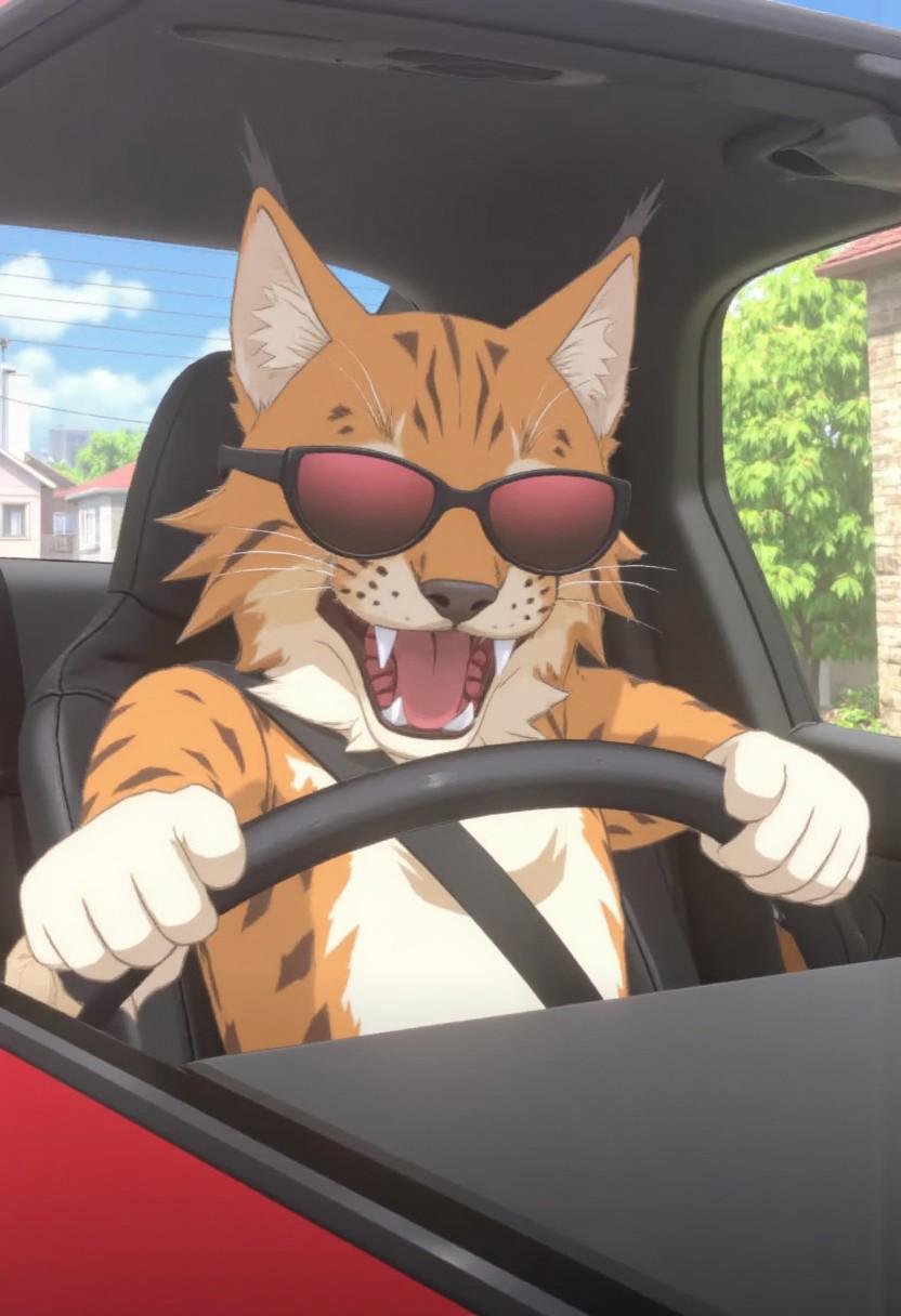 disgaea7style,  anime,  a eurasian lynx wearing sunglasses driving a sports car by kftiger on Tensor.Art