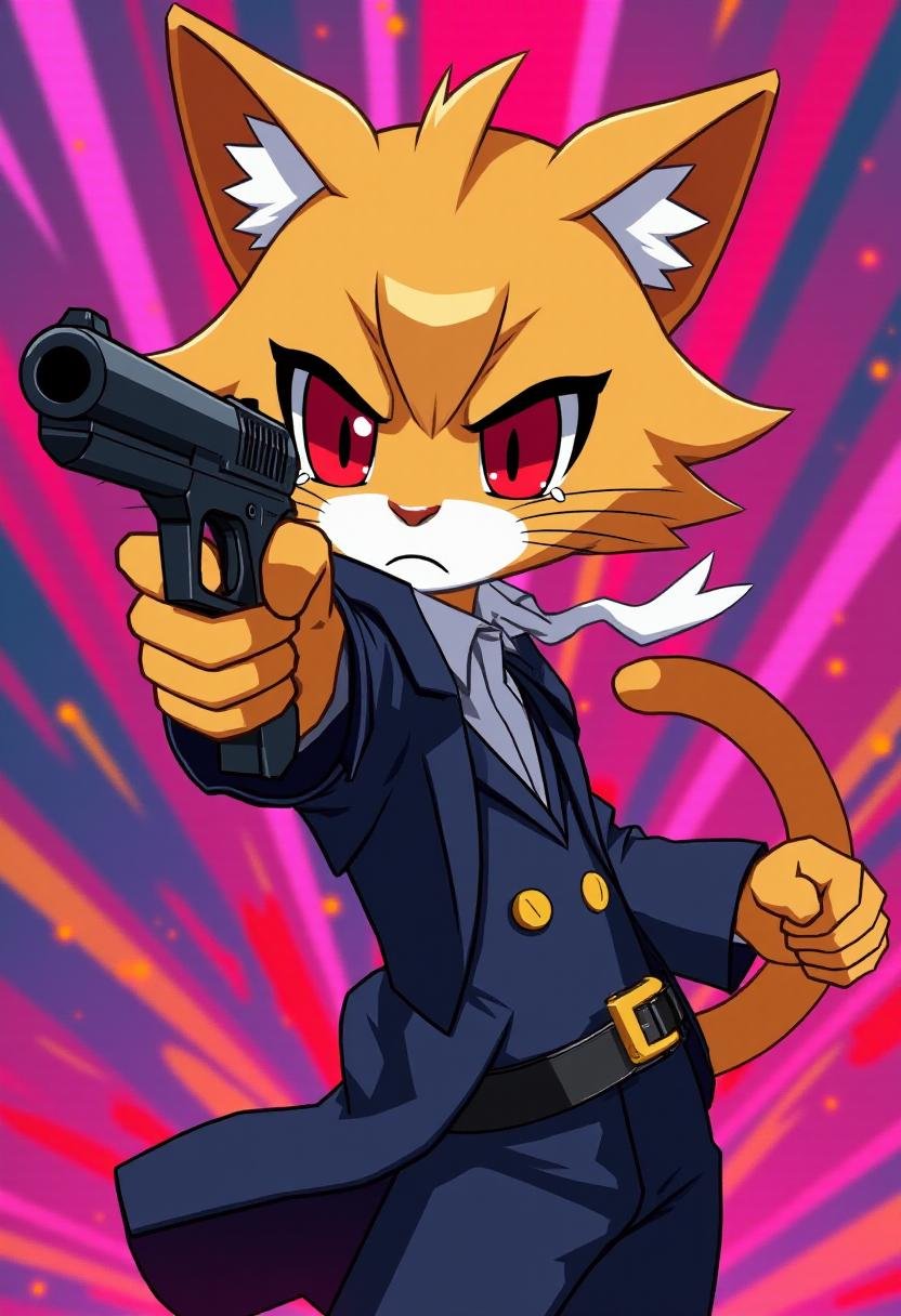 disgaea7style,  a cat aiming a pistol at the viewer. colorful background. by kftiger on Tensor.Art