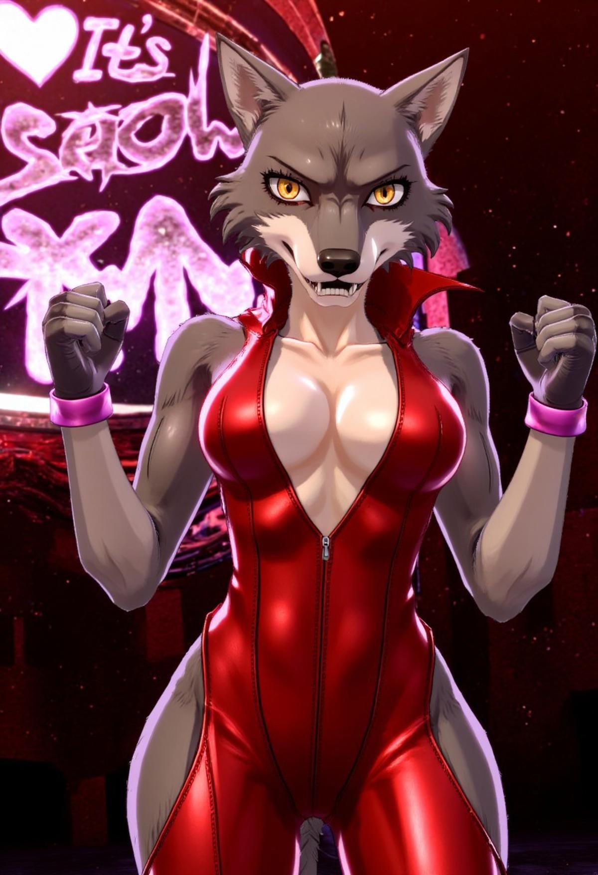 p5style,  an anthro furry wolf woman with large breasts wearing a skimpy red leather outfit. Large text: "It's SHOWTIME" b...