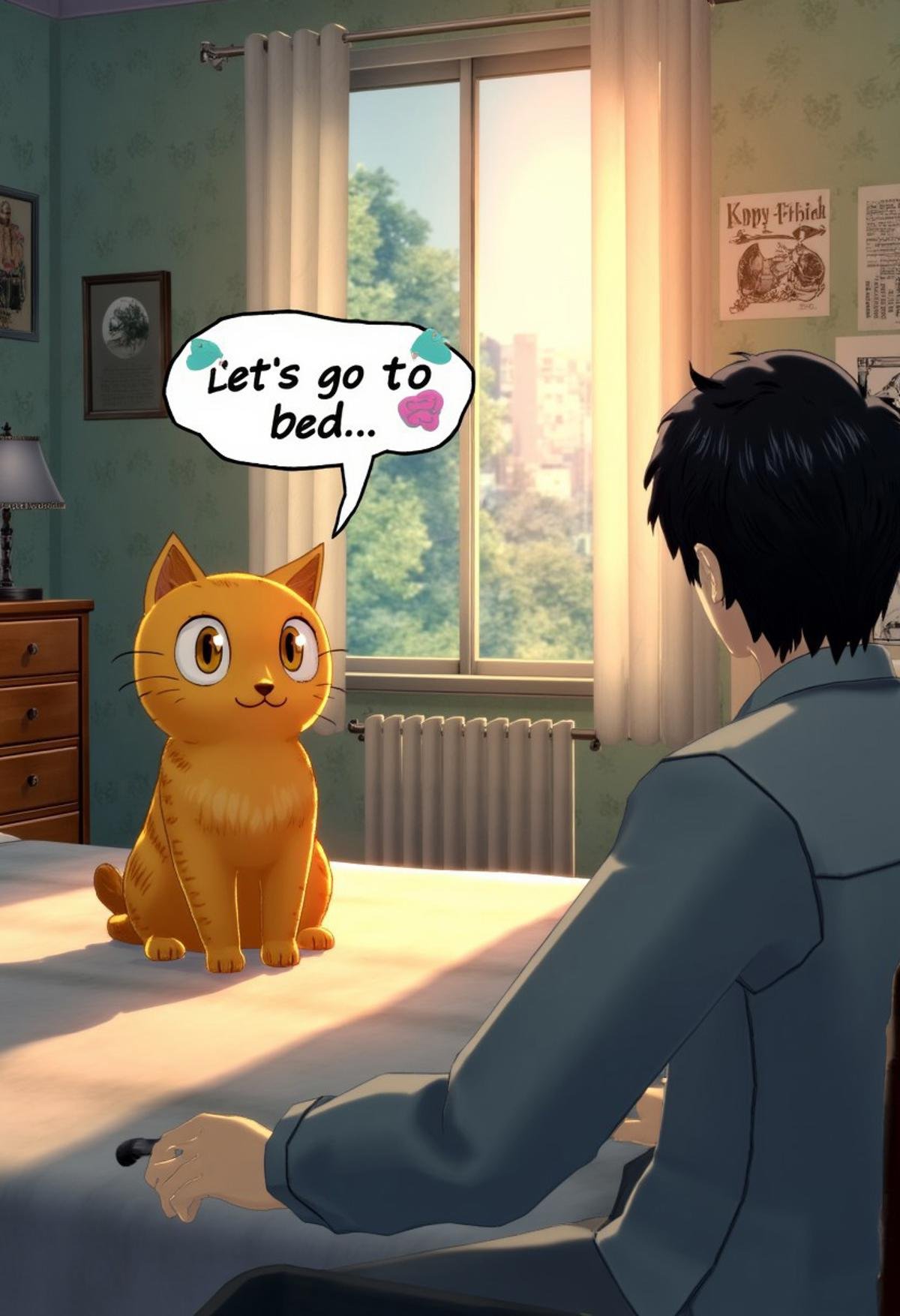 p5style,  a cat sitting on a bed,  looking at a man. The cat has a speech bubble saying "let's go to bed". by kftiger on T...