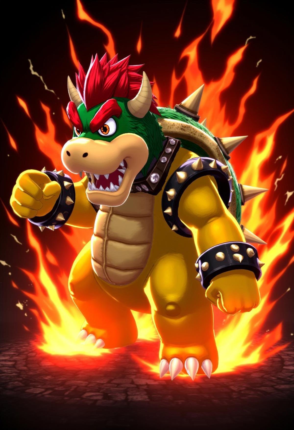 p5style,  Bowser surrounded by fire in a crazy action pose. Black pop punk style background by kftiger on Tensor.Art
