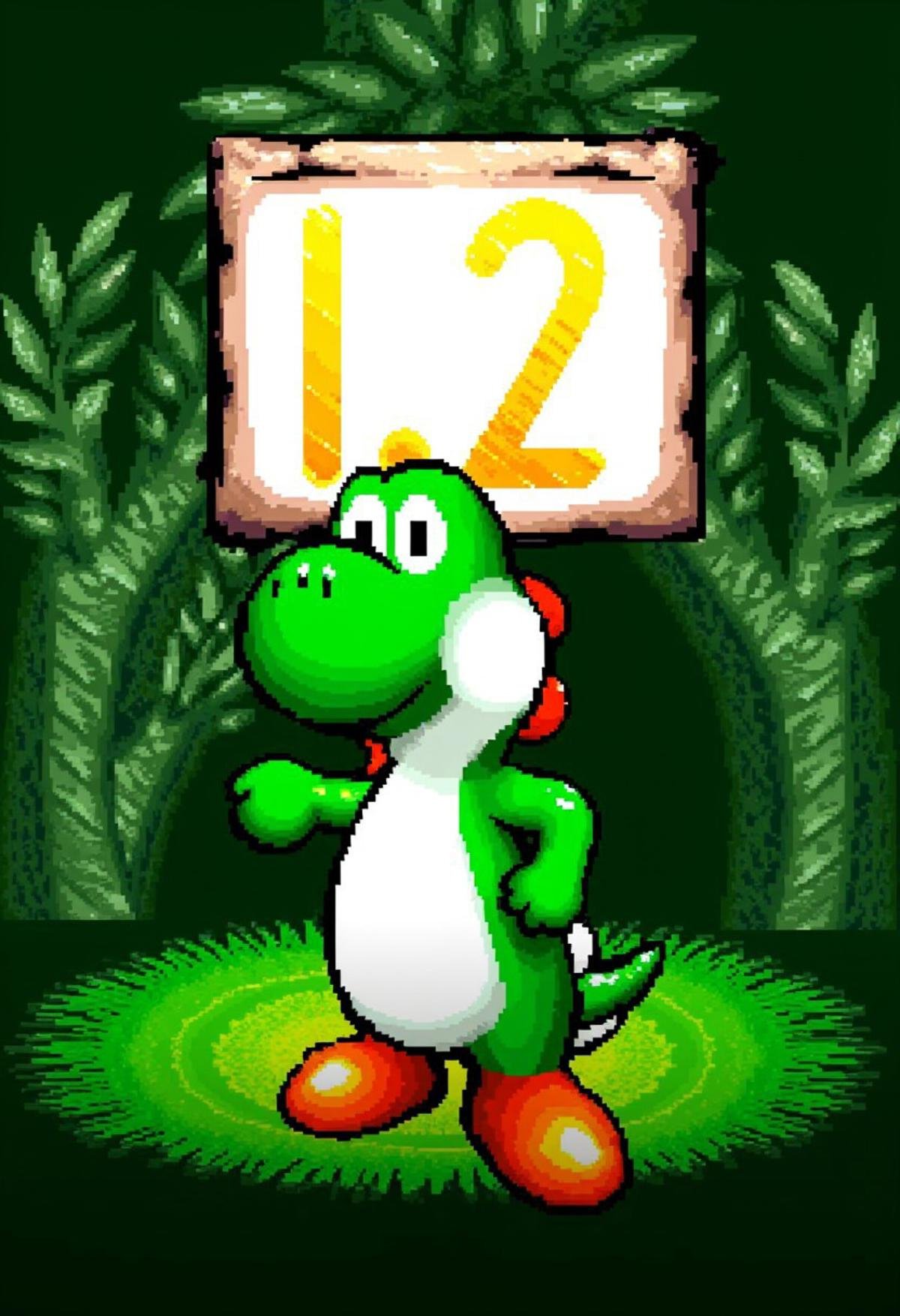 yoshislestyle,  pixel art style,  yoshi in a jungle holding up a sign that says "1.2" by kftiger on Tensor.Art
