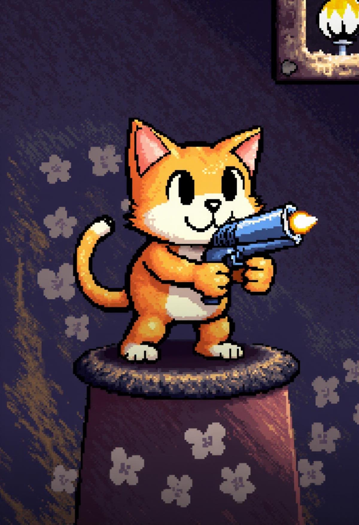 yoshislestyle,  pixel art style,  a cat aiming a pistol at the viewer by kftiger on Tensor.Art