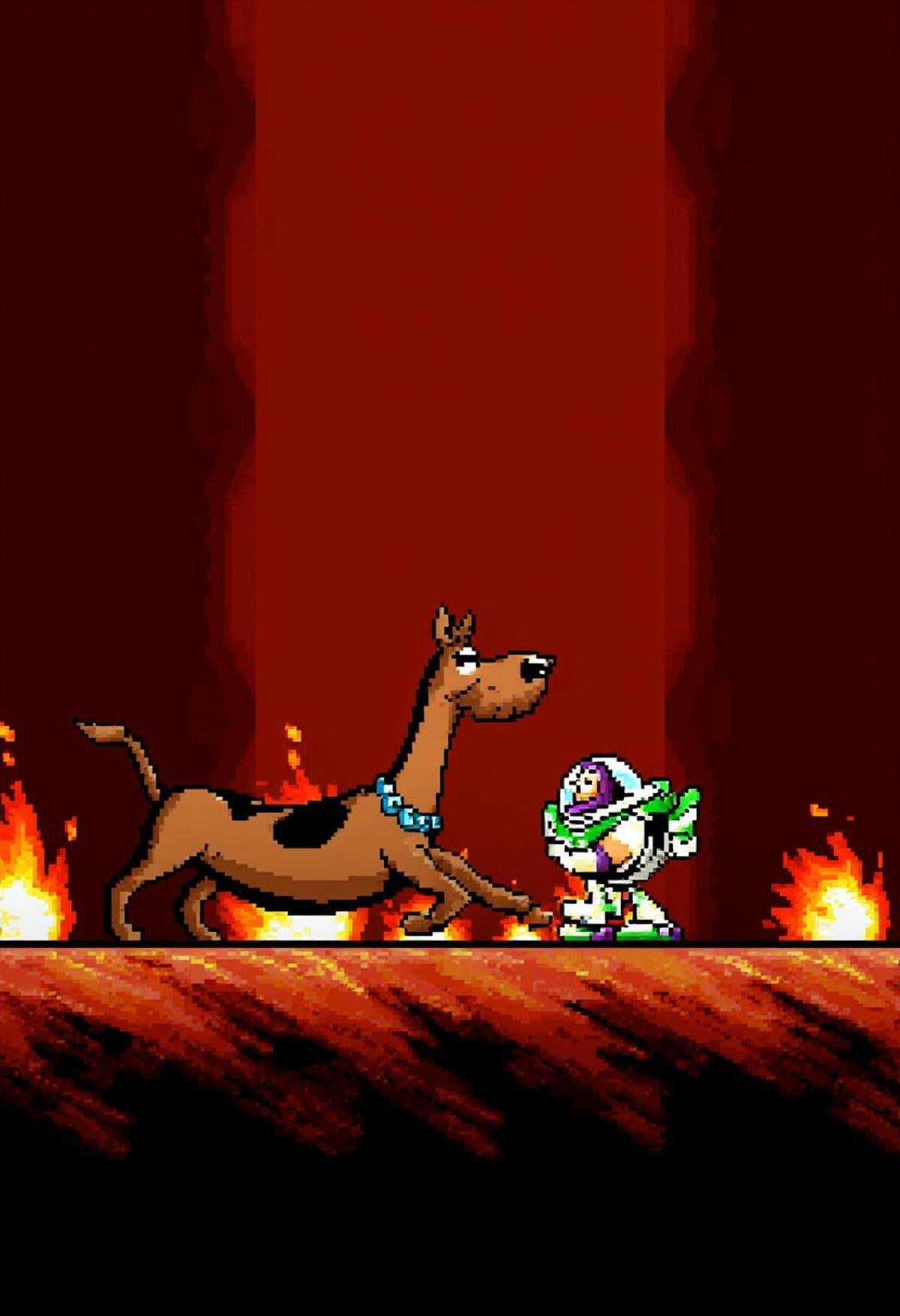 yoshislestyle,  pixel art style,  Scooby Doo walking through hell with Buzz Lightyear by kftiger on Tensor.Art