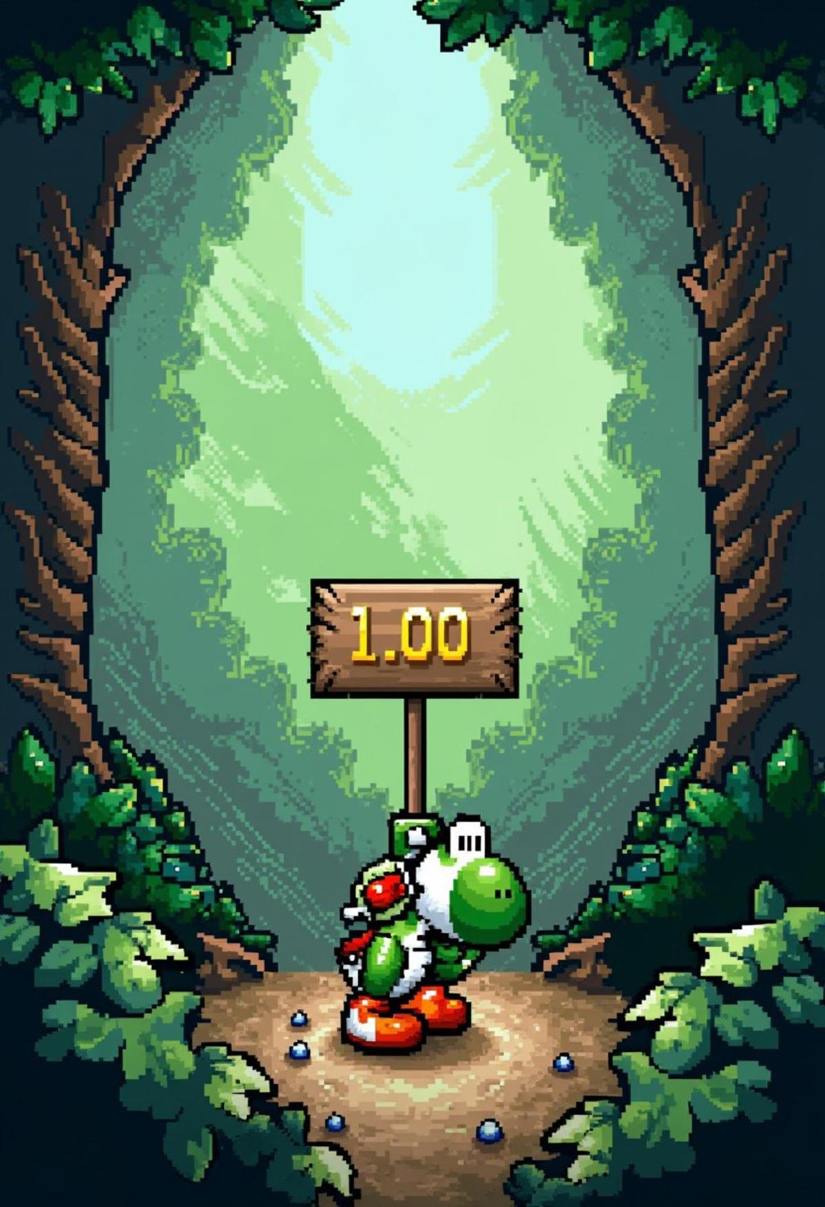 yoshislestyle,  pixel art style,  yoshi in a jungle holding up a sign that says "1.0" by kftiger on Tensor.Art