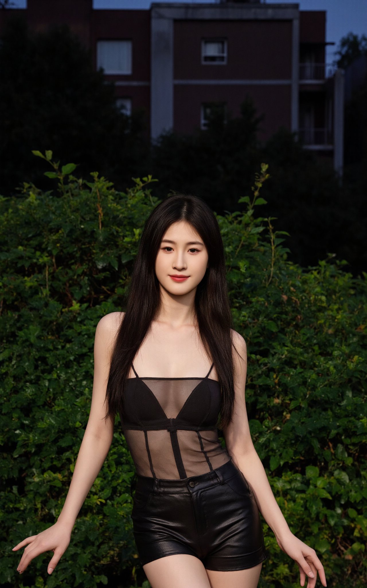 Photograph of a young Asian woman with long,  straight black hair,  standing in an urban setting at night. She has fair sk...