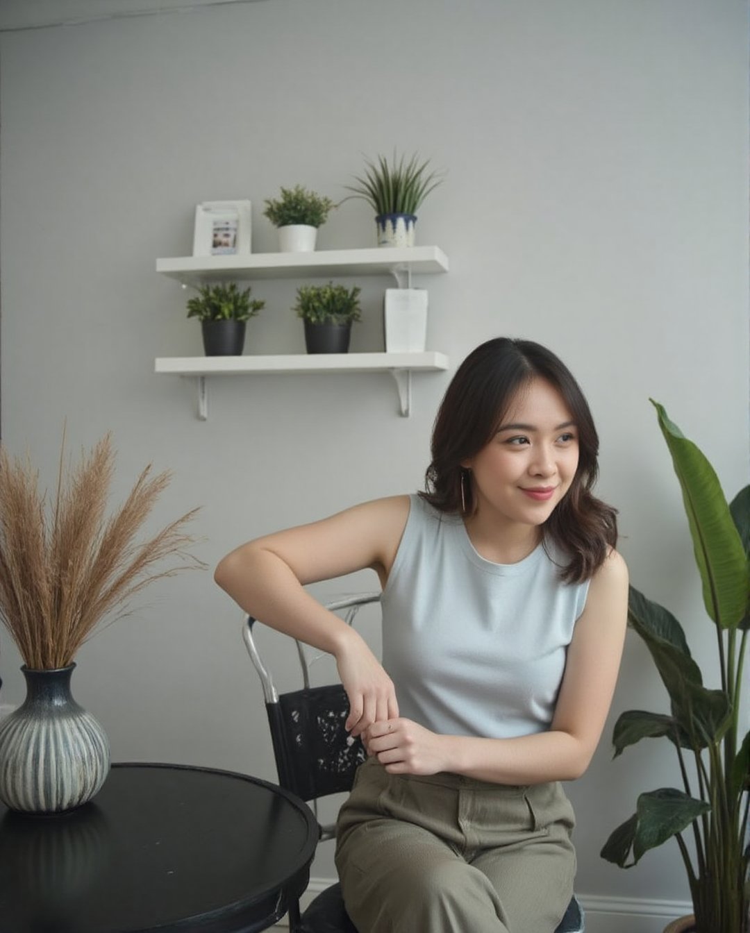 Create a realistic photoshoot scene using a Canon EOS 1D camera with a 50mm Canon RF lens set at f/1.4 aperture. Capture a...