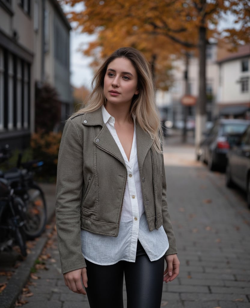 1girl,  wearing a jacket and leather pants walking on a bisy street by datag on Tensor.Art