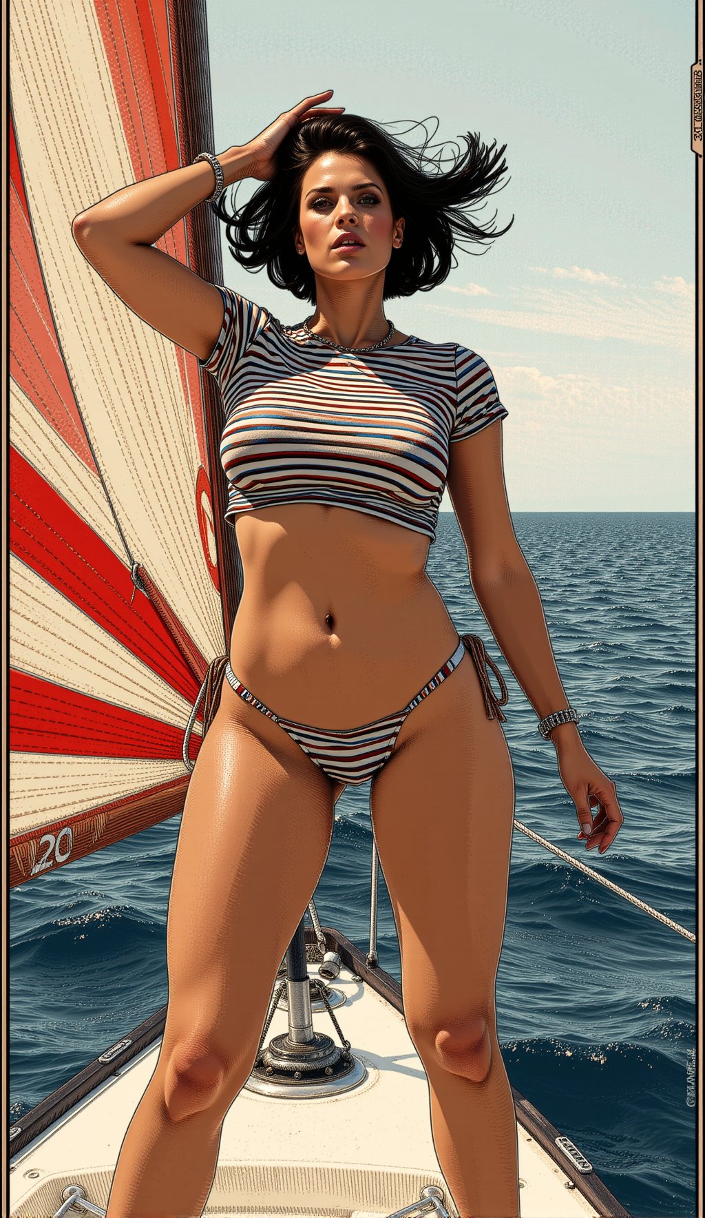 Ap0llon1@,  A digital drawing in a detailed,  vintage style. image of a stunningly athletic woman with short by aimann on...