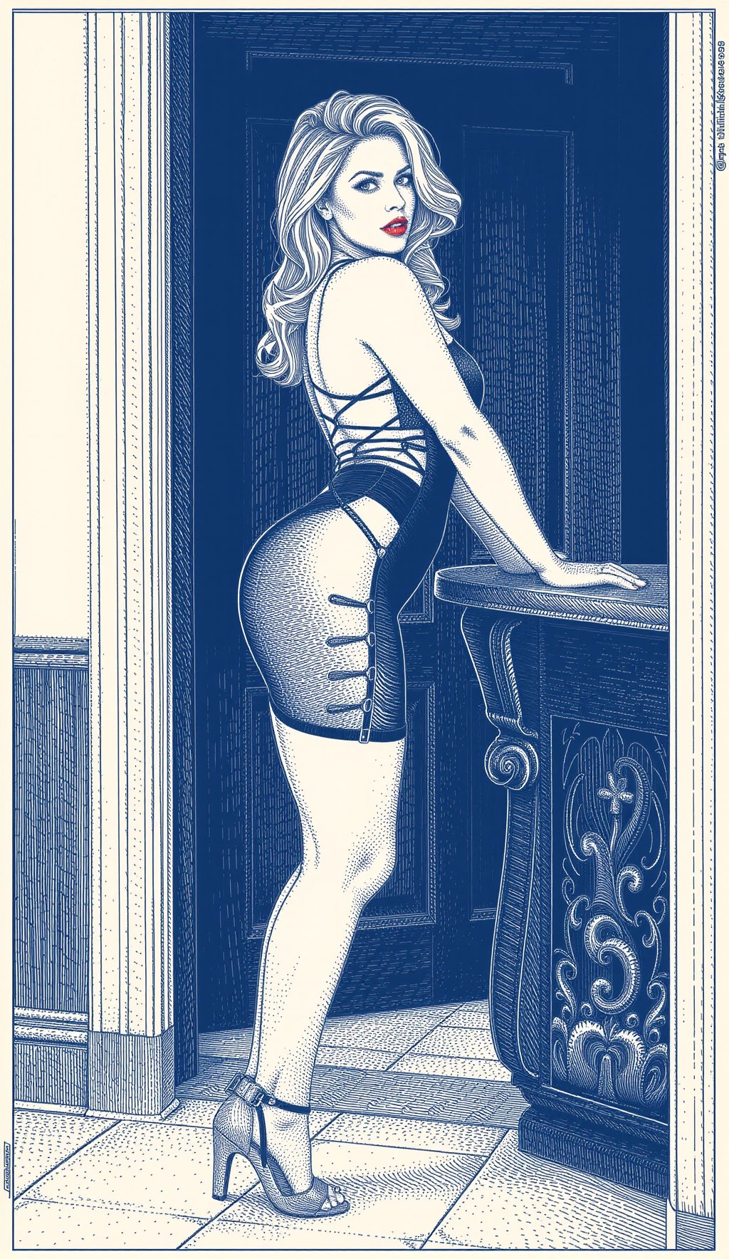 Ap0llon1@,  A digital drawing in a detailed,  vintage style. A stunning Italian woman leans casually against the edge of a...