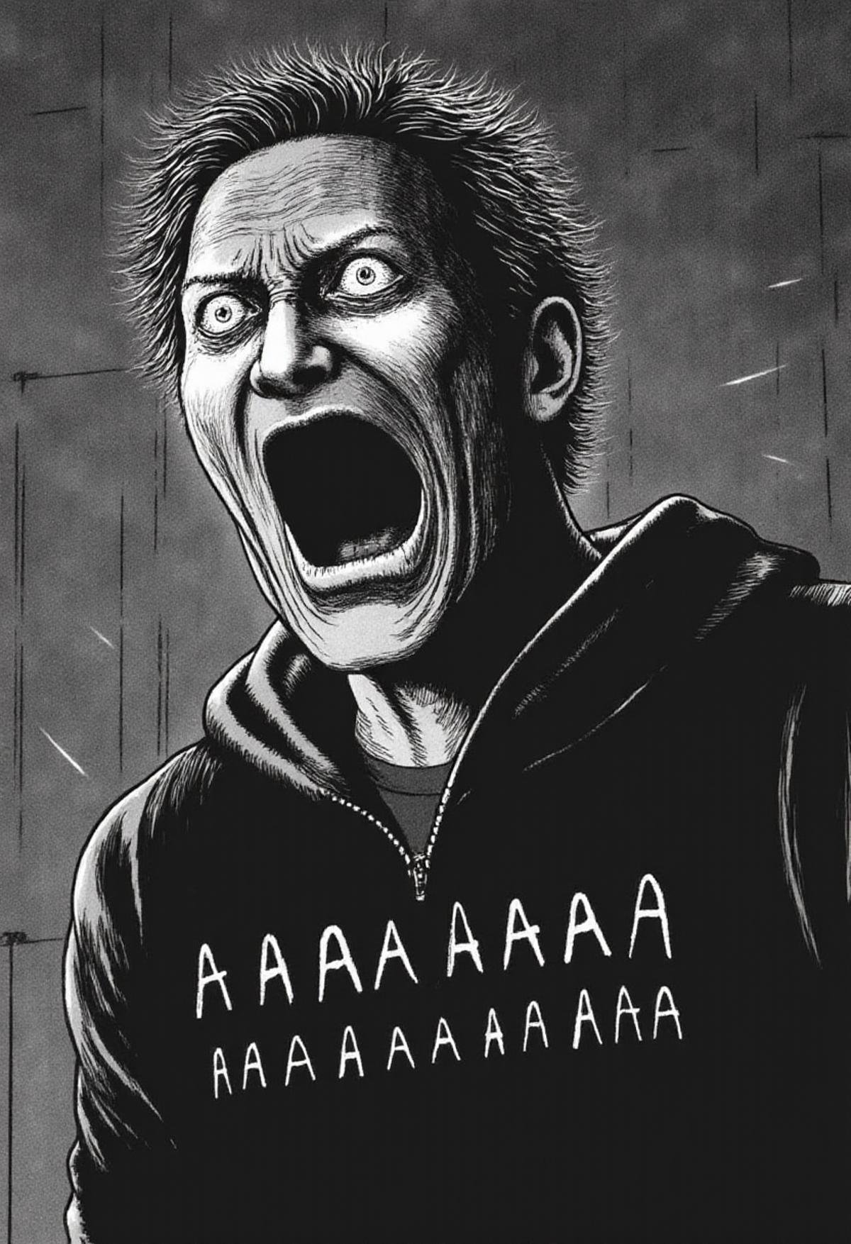 A man screaming with the text "AAAAAAAAAAAAAAAAAAAAAAAAAA" in monochrome jitostyle. by kftiger on Tensor.Art