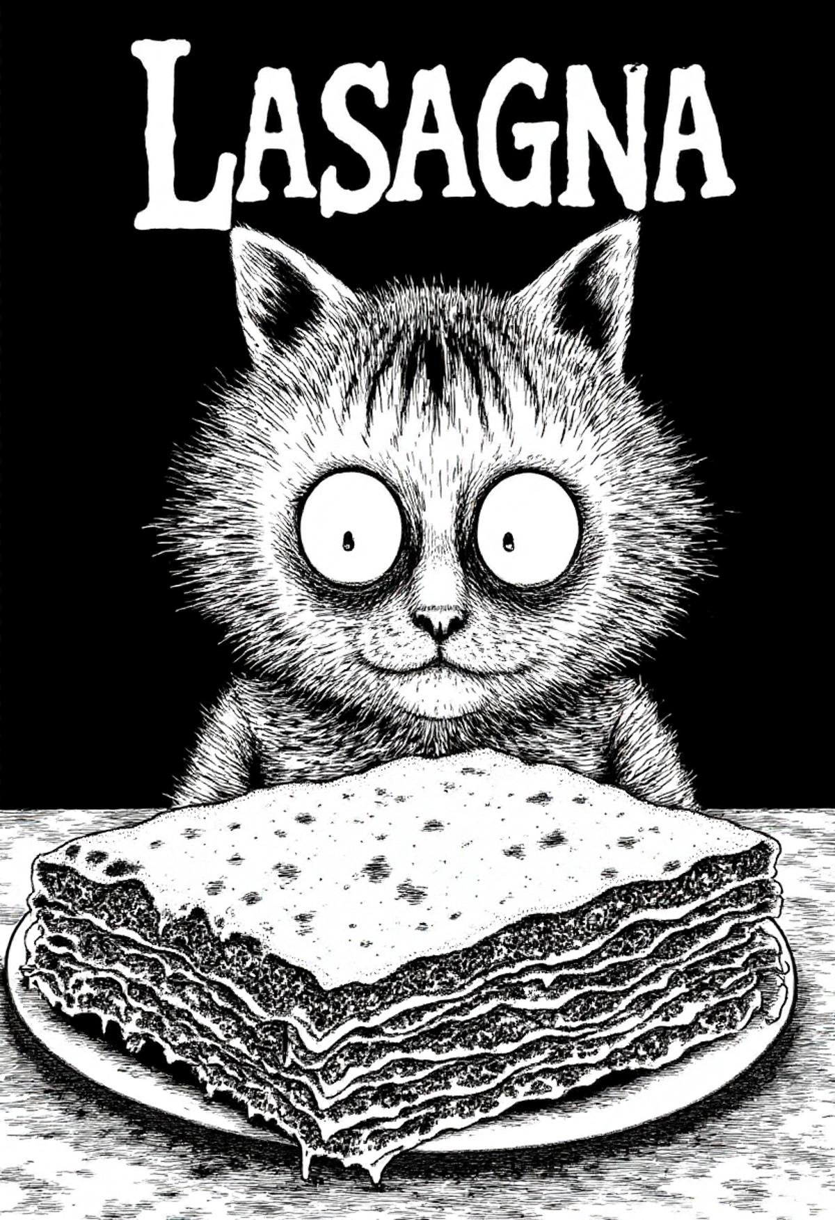 Evil scary Garfield the cat staring at lasagna with the text "LASAGNA" in monochrome jitostyle. by kftiger on Tensor.Art