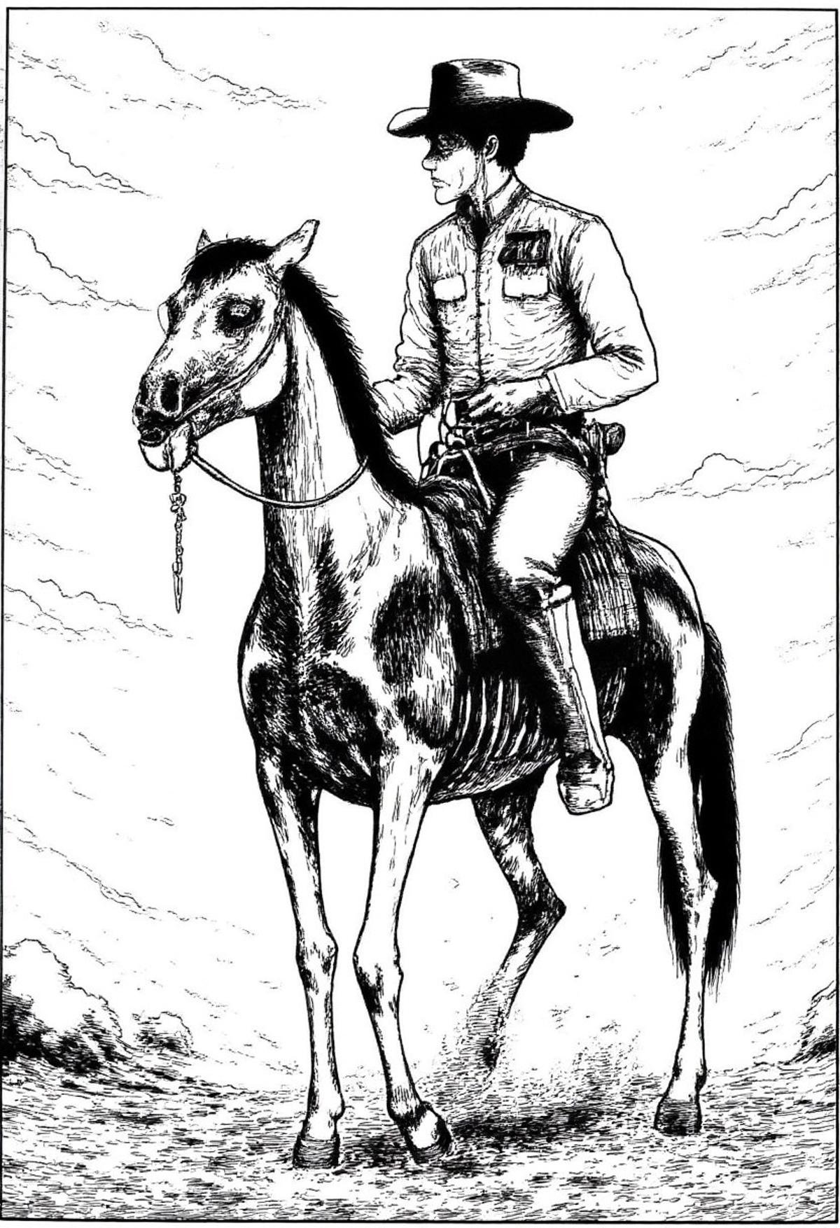 A cowboy riding a skeletal horse in monochrome jitostyle. by kftiger on Tensor.Art