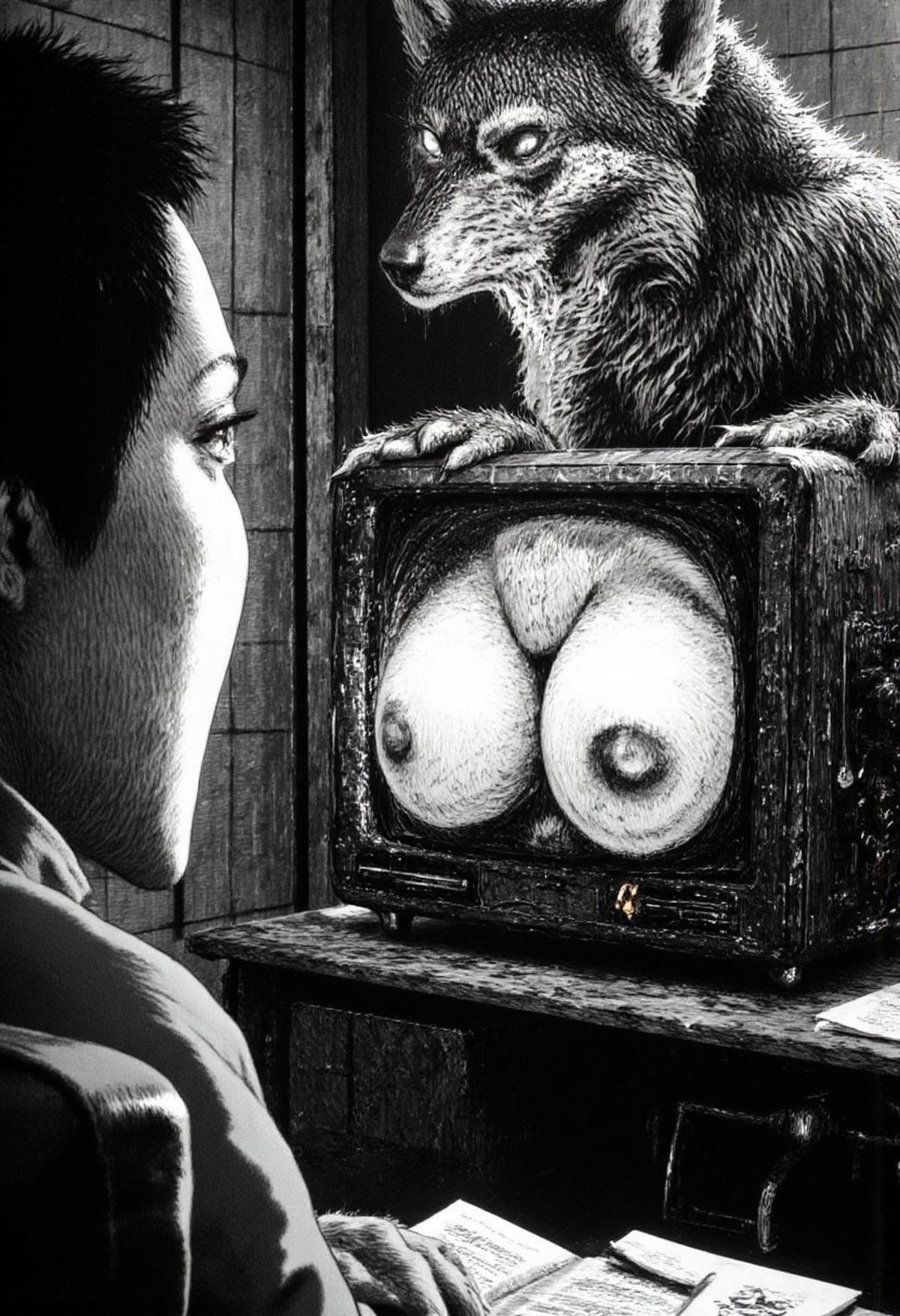 a man looking at his tv in monochrome jitostyle. On the tv screen is a furry wolf woman newscaster with big cleavage by kf...