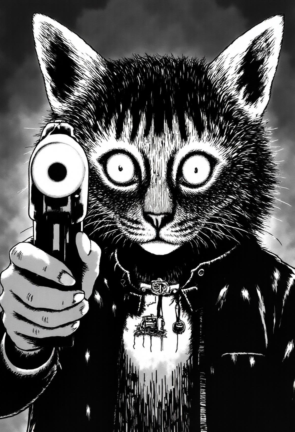 a horror cat holding a gun and aiming it at the viewer monochrome jitostyle. his reflection is wearing a fursuit. by kftig...