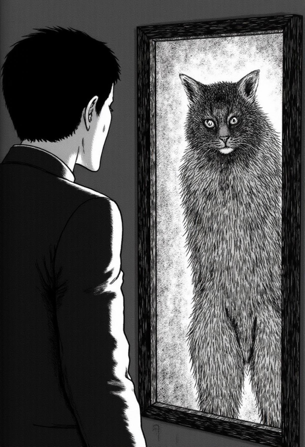 a man looking at his reflection in the mirror in monochrome jitostyle. his reflection is wearing a fursuit. by kftiger on...