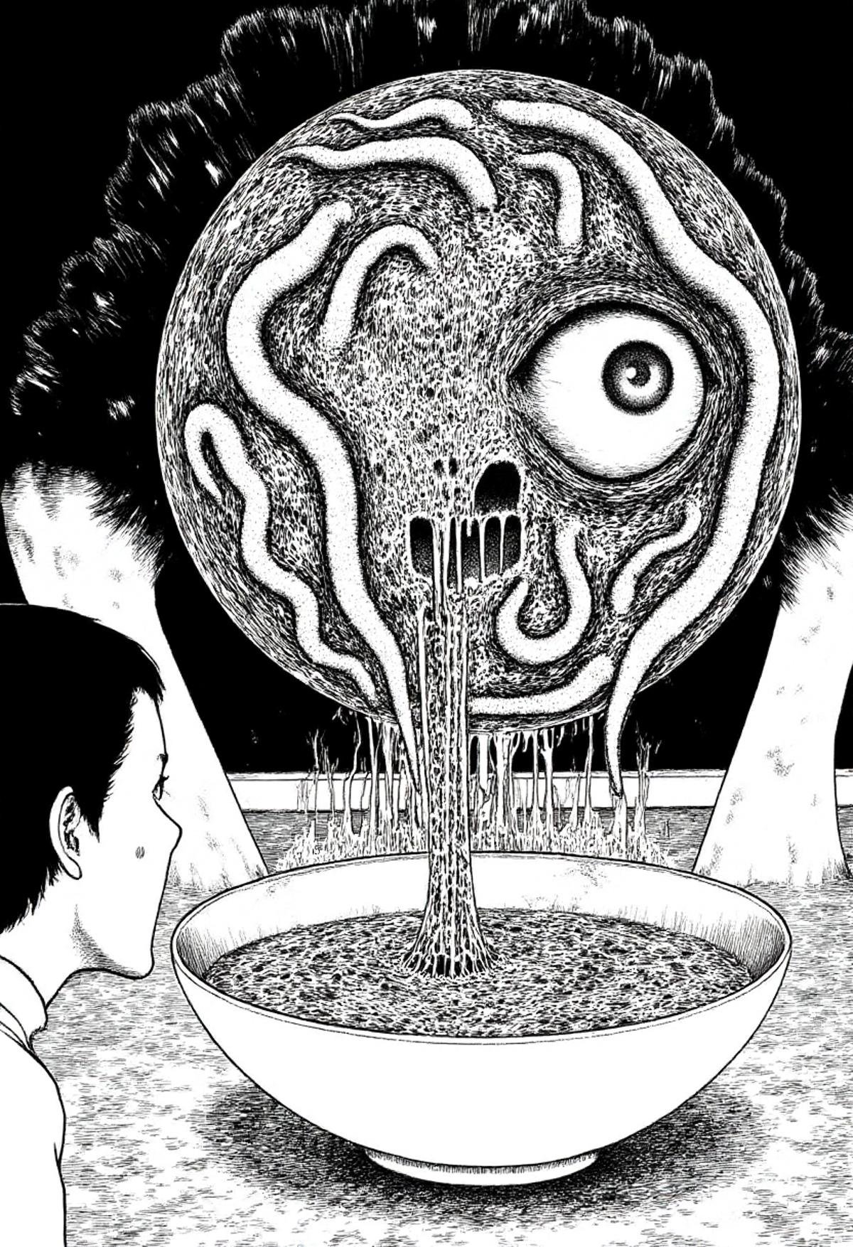 A scared woman looking down into a bowl of soup that is looking back at her with a giant eye and tentacles in monochrome j...