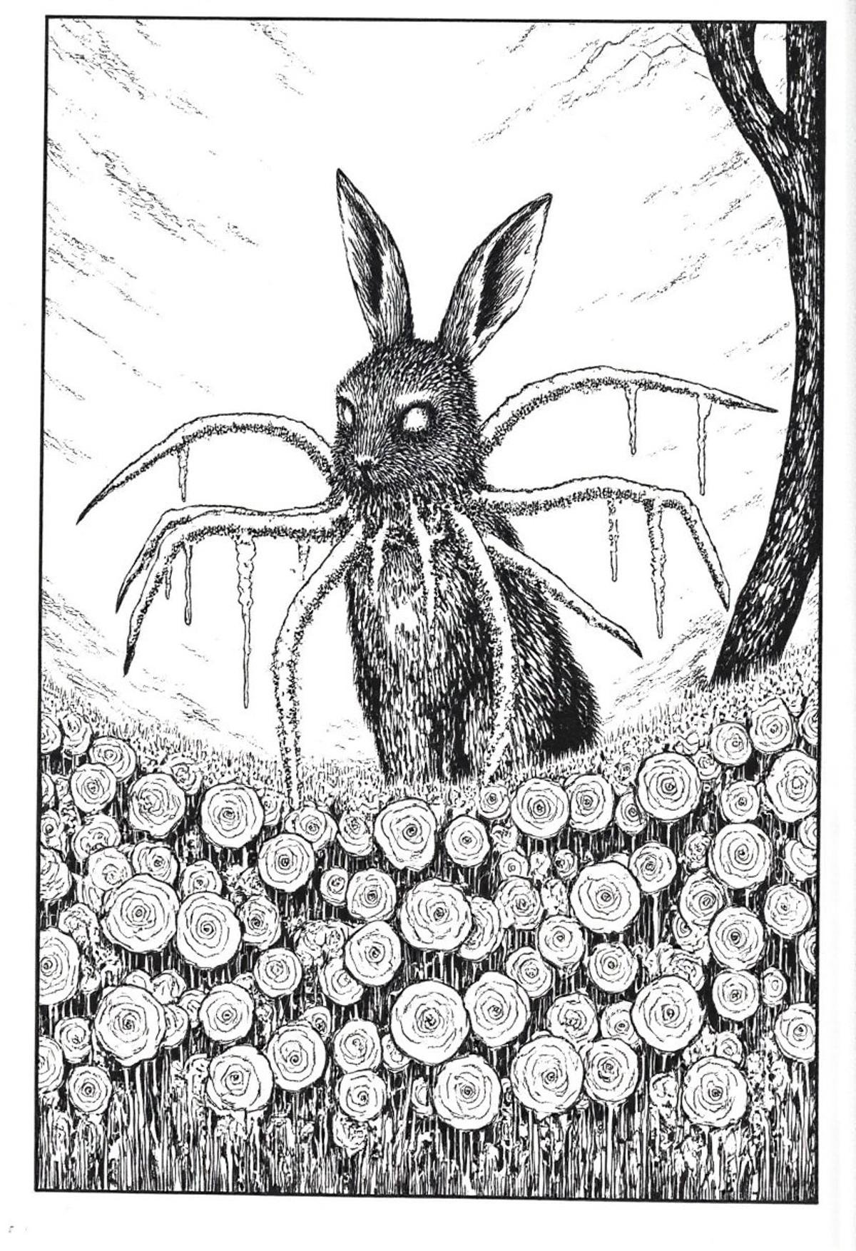 A tentacle bunny eating flowers in monochrome jitostyle. by kftiger on Tensor.Art