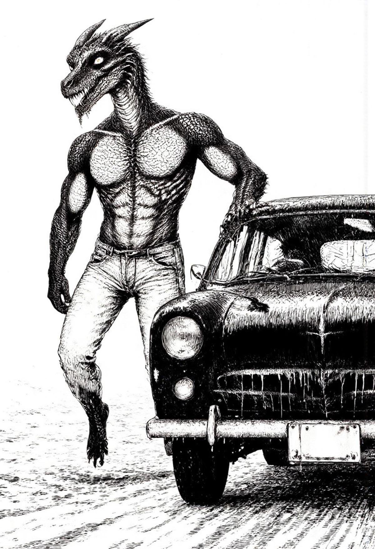 a muscular dragon man wearing jeans pushing a car in monochrome jitostyle. by kftiger on Tensor.Art