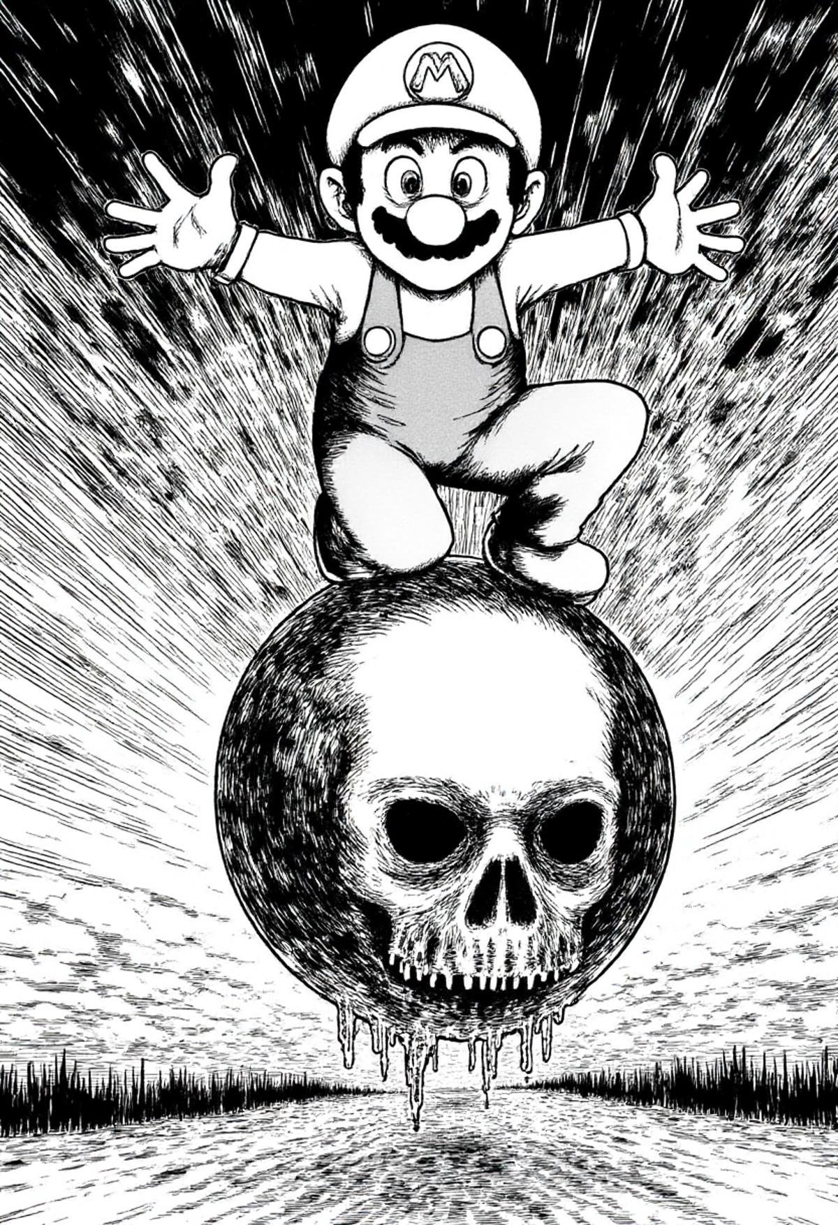 super mario jumping on a goomba in monochrome jitostyle. by kftiger on Tensor.Art