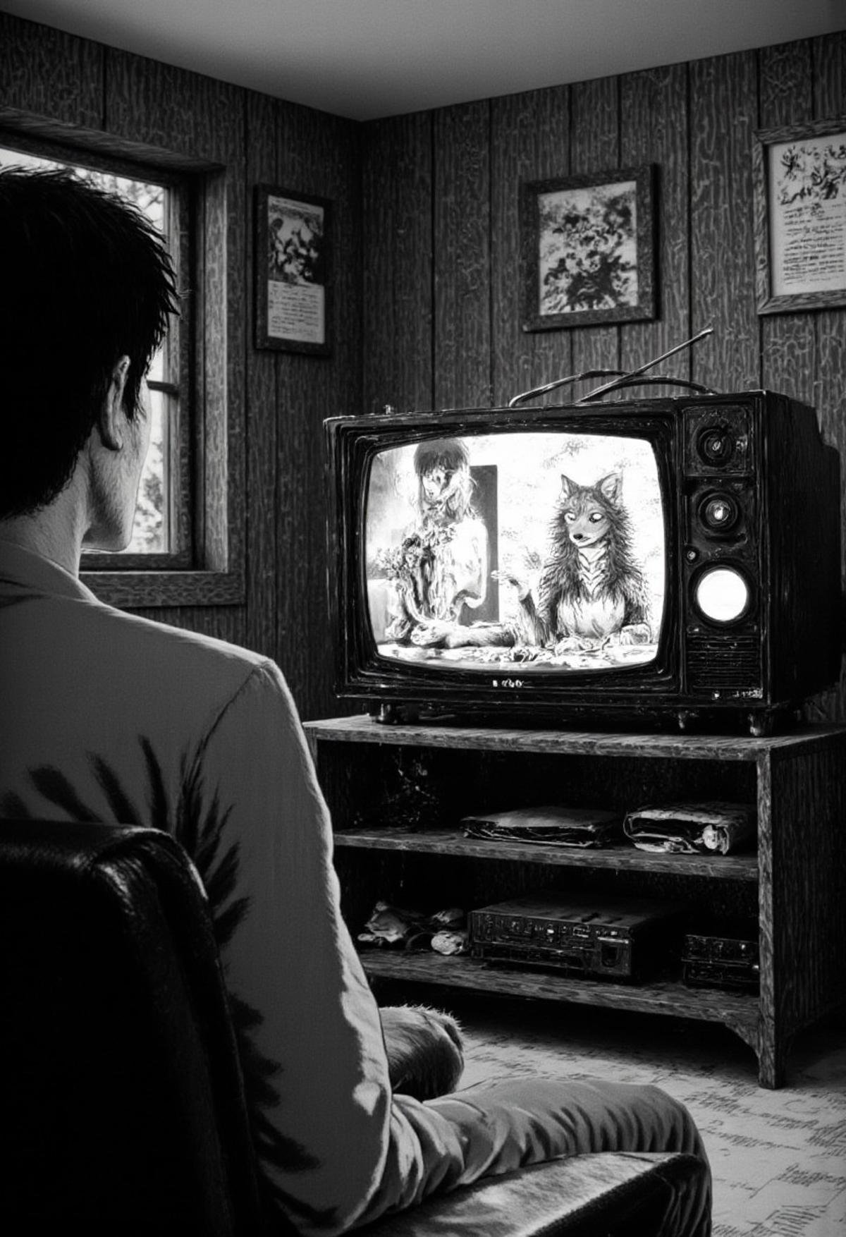 a man looking at his tv in monochrome jitostyle. On the tv screen is a furry wolf woman newscaster by kftiger on Tensor.Art