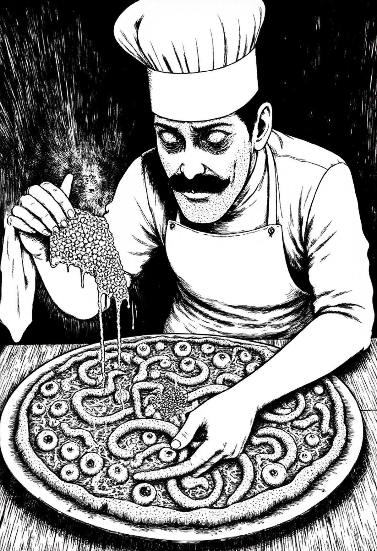 italian chef wearing chef hat and apron making pizza in monochrome jitostyle. the pizza is made of worms and eyeballs by k...