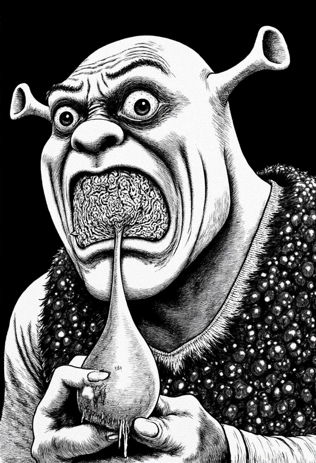 Shrek eating a crying onion in monochrome jitostyle. by kftiger on Tensor.Art