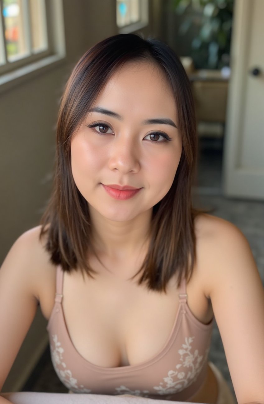 Create an image of an Asian woman taking a selfie,  with the photo having a realistic,  vintage feel as if it was taken wi...