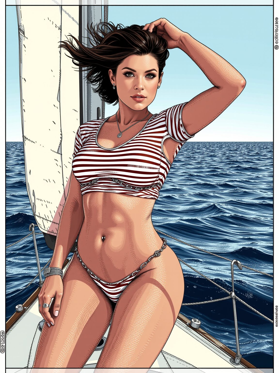 Ap0llon1@,  A digital drawing in a detailed,  vintage style. image of a stunningly athletic woman with short by aimann on...