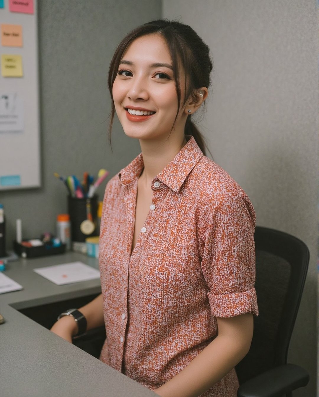 Create a realistic photoshoot for a woman styled in a sexy,  tight red and white small chequered short sleeve shirt,  with...