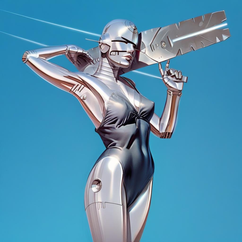 blue background,  standing,  chrome skin gyniods robot-woman 1girl solo breasts weapon cyborg android medium breasts armpi...